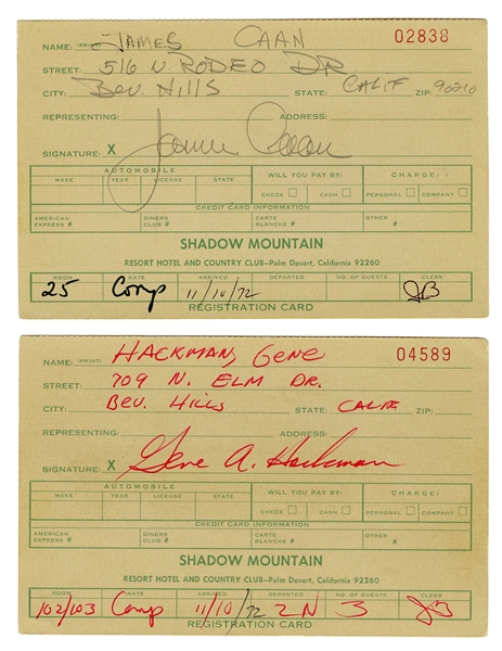 Gene Hackman and James Caan Signed Country Club Registration Cards.