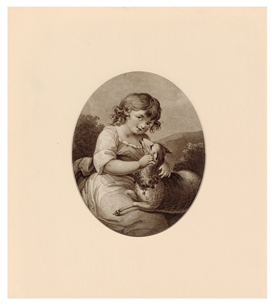 Late 18th Century Engraving of a Little Girl and Her Lamb