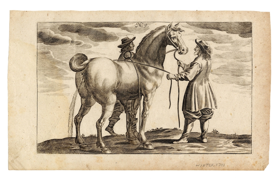 [Horses] 18th Century Equestrian Dressage and Horse Rearing Print.