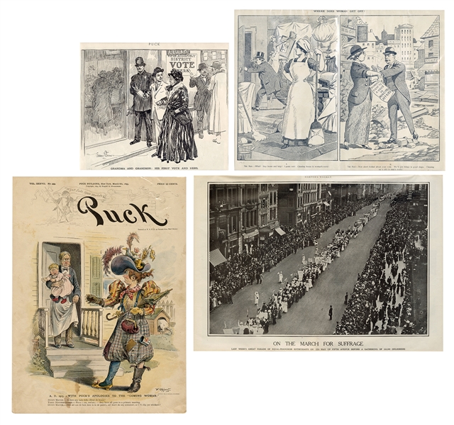 Women’s Suffrage Prints from Puck and Harper’s Weekly Magazines. 4pcs.