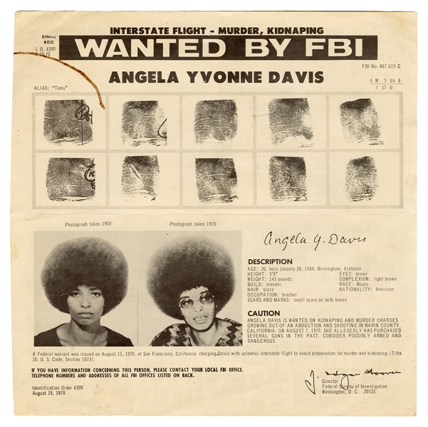 Angela Davis Wanted by FBI Flyer. 1970.