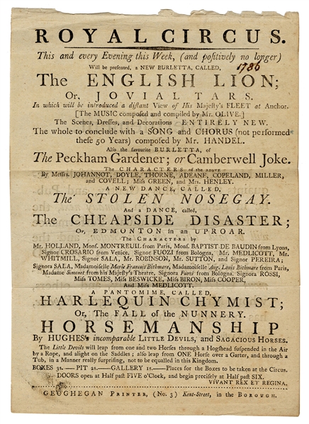 Royal Circus. A New Burletta, Called, The English Lion / The Stolen Nosegay / Horsemanship.