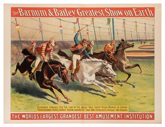 The Barnum & Bailey Greatest Show on Earth. Jockey Riders, Expert Riders, Mounted on Thoroughbred Horses.