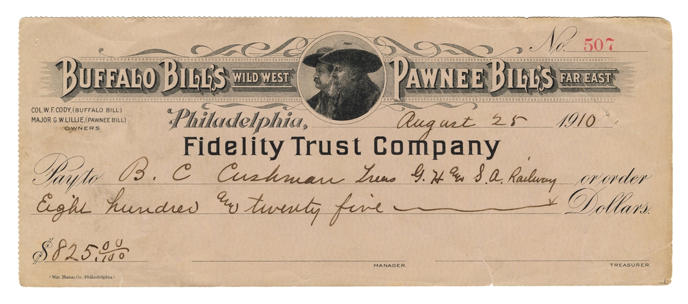Buffalo Bill’s Wild West /Pawnee Bills Far East Check.