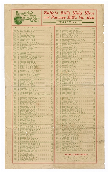 Buffalo Bill’s Wild West and Pawnee Bill’s Far East Route Sheet of 1910.