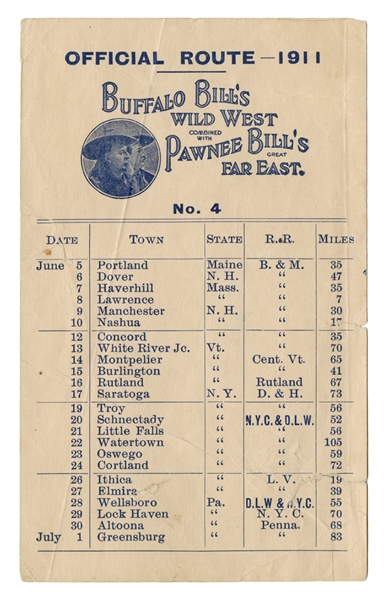 Buffalo Bill’s Wild West and Pawnee Bill’s Far East Route Sheet of 1911.