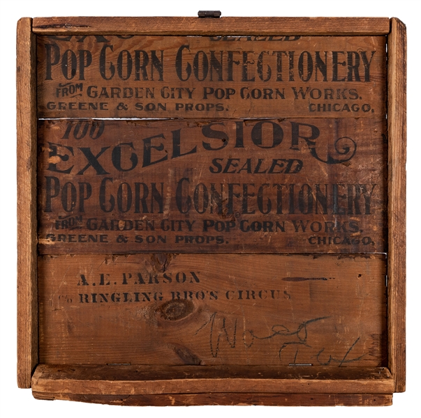 Early Ringling Brothers Circus Wooden Popcorn Crate Lid.