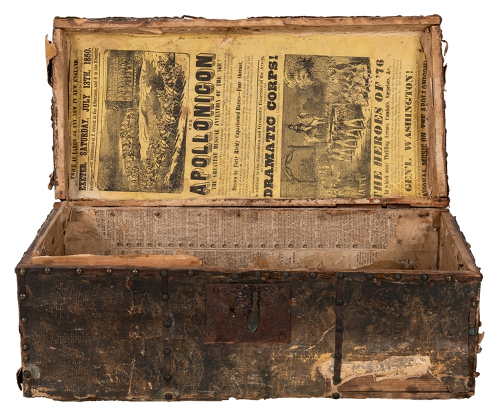 1850 Spalding & Rogers Circus Broadside on Lid of Small Antique Footlocker.