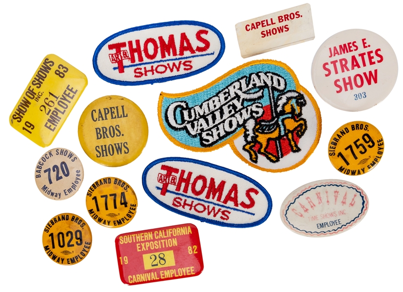 Collection of 13 Carnival Badges and Pins.