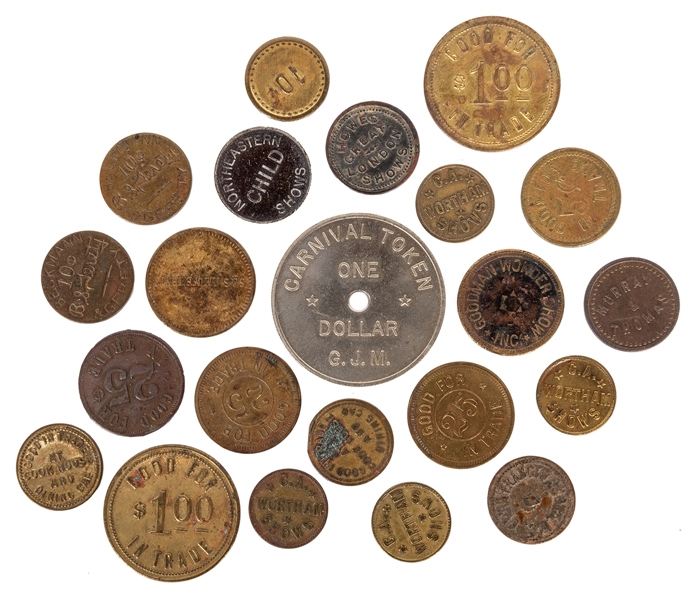 Collection of Circus and Carnival Trade, Midway, and Scrip Tokens.
