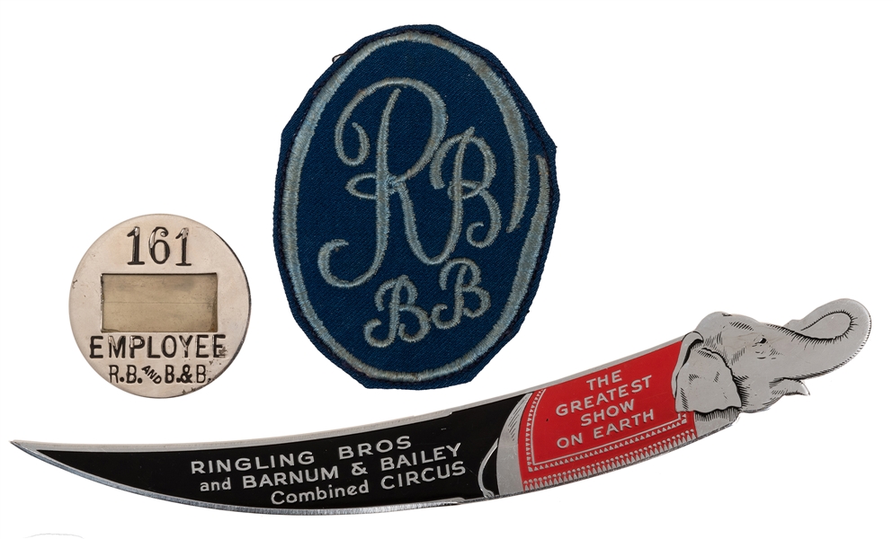 Ringling Bros. and Barnum & Bailey Employee Badge, Patch, Letter Opener. 