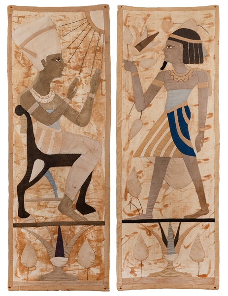 Pair of Large Egyptian Embroidered Hanging Tapestries.
