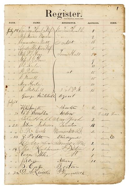 Hotel Registry of Tom Thumb and Company.