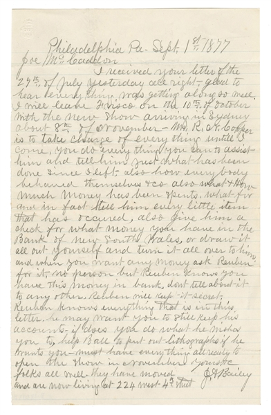 James A. Bailey Autograph Letter Signed.