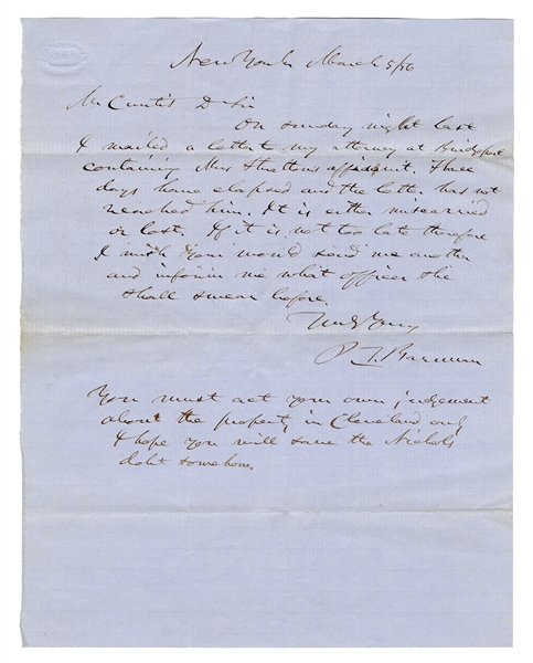 P.T. Barnum Signed Letter Referencing Tom Thumb.