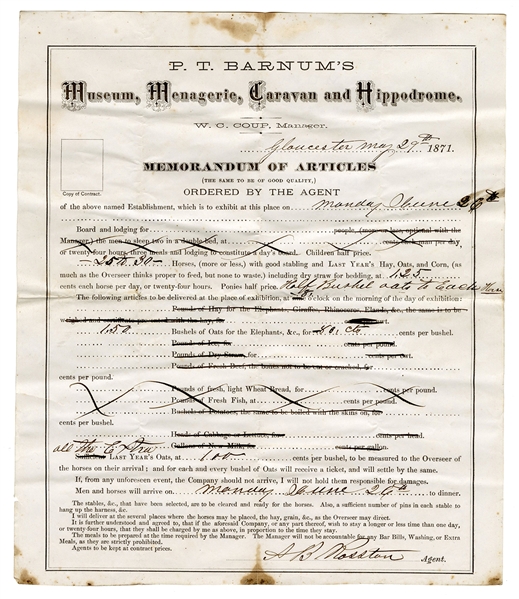 Contract to Stable Horses with P.T. Barnum’s Museum, Menagerie, Caravan, and Hippodrome.