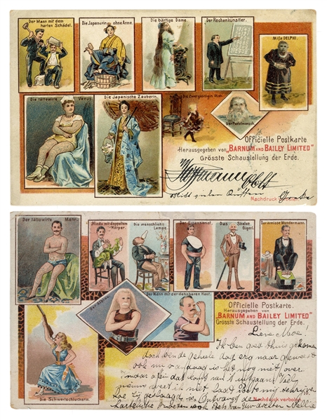 Barnum & Bailey Circus. Two Sideshow Postcards.