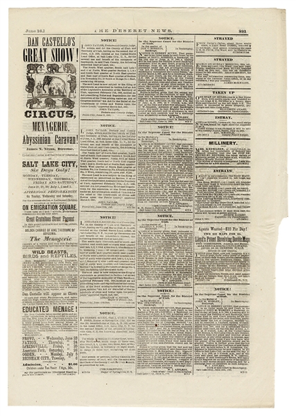 Dan Castello Circus Advertisement in 1869 Deseret Newspaper.