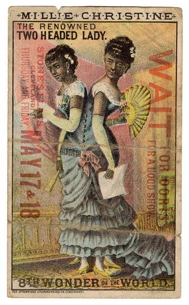 Millie–Christine Advertising Card. The Renowned Two Headed Lady.