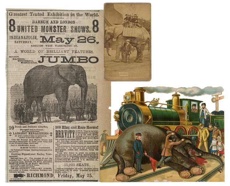 Jumbo Circus Elephant CDV, Die Cut, and Newspaper Advertisement.