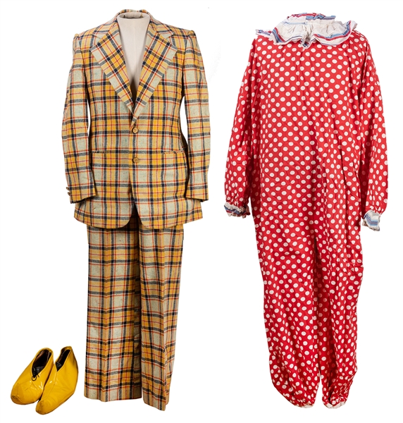 Pair of Clown Costumes, Wigs, and Clown Shoes.