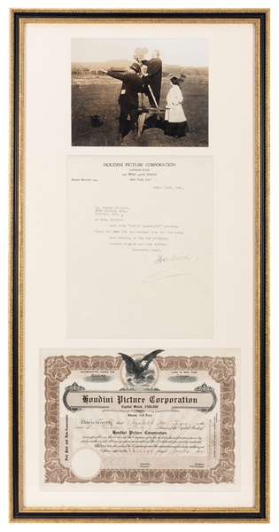 Houdini Picture Corporation: Signed Letter, Certificate, and Photograph.