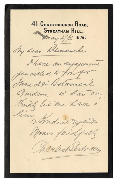 Charles Bertram ALS on Mourning Stationery.