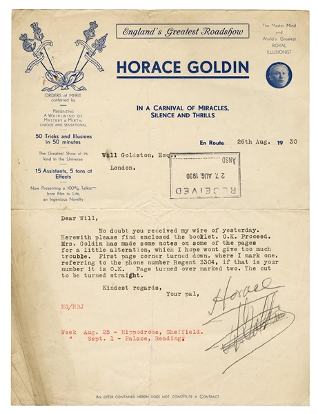 Horace Goldin TLS to Will Goldston.