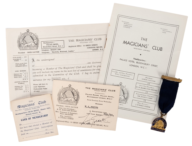 Magicians’ Club of London Badge and Ephemera.