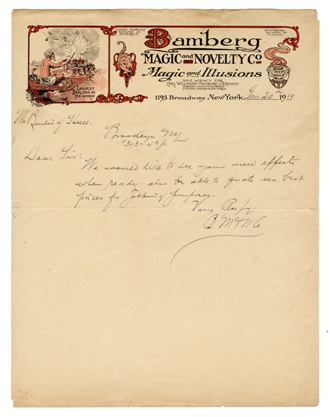 Bamberg Magic and Novelty Co. Letter to Burling Hull.
