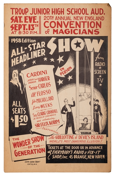 1958 New England Convention of Magicians Window Card featuring Cardini, Flosso, and Others.