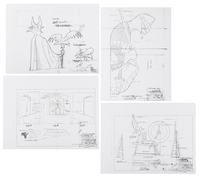 Four photocopies of blueprints for original Sleeping Beauty Castle walk through.