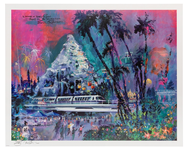 Disneyland signed lithograph Matterhorn/Skyway Buckets/Monorail.