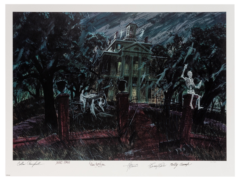 Exterior of the Haunted Mansion lithograph signed by six Imagineers.