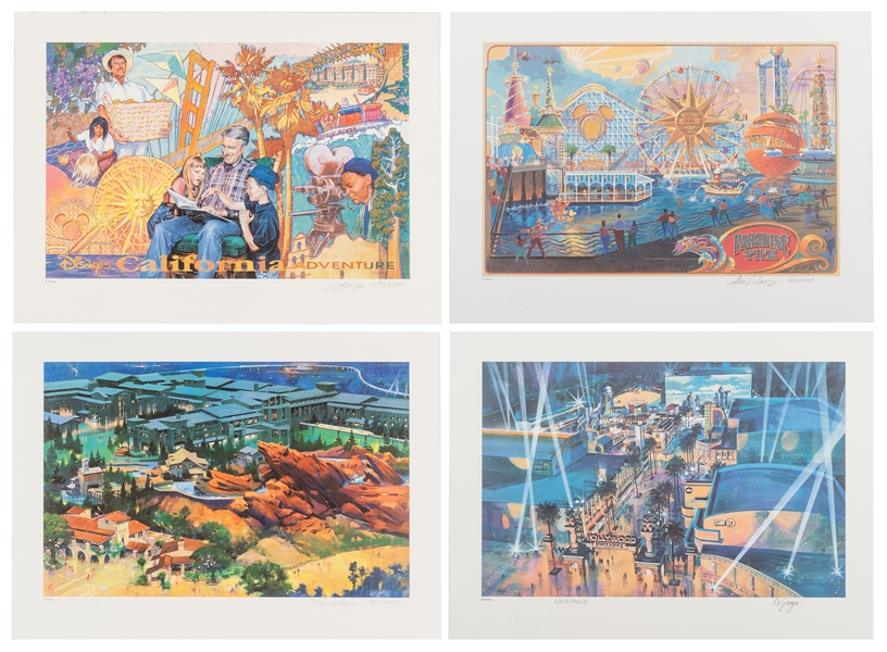 Set of four Grand Opening California Adventure castmember signed lithographs.