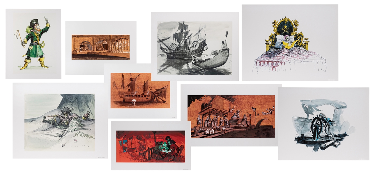 Large Lot of 9 images of Pirates of the Caribbean Concept Art from Disney’s print on demand system.