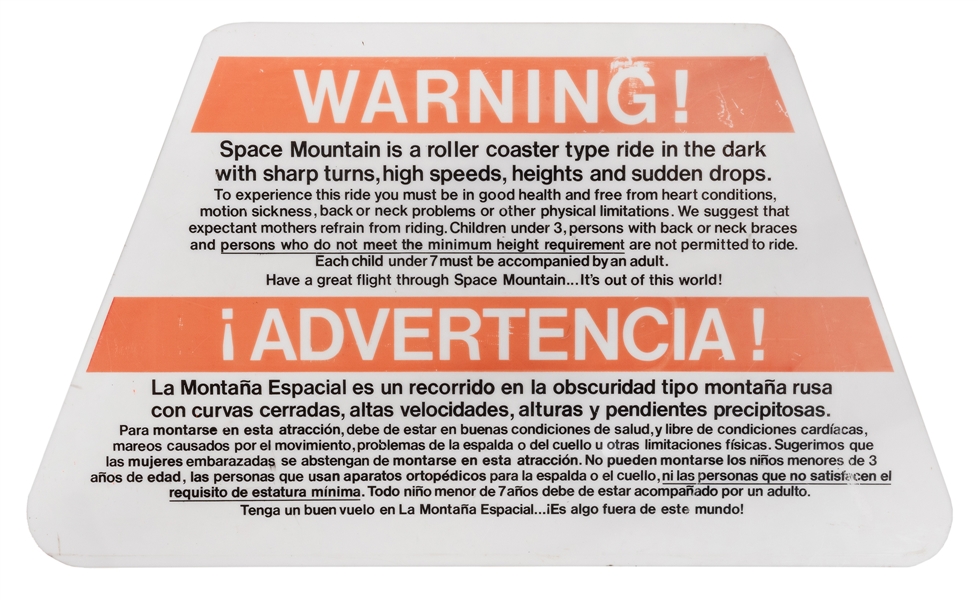 Original Space Mountain Warning Sign.