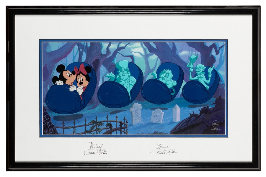 Signed sericel of Mickey, Minnie, and the Hitchhiking Ghosts in Doombuggies.