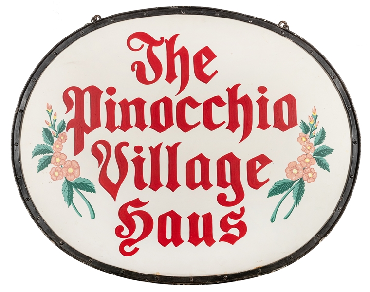 Pinocchio Village Haus hand-painted original metal park sign.