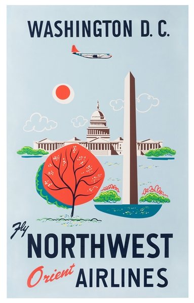 1950s. A Northwest Orient jet is flying over the Capitol building and the Washington Monument. Silkscreen. 40 x 25”. Several scuffs; expertly repaired, light inpainting – done using archival...