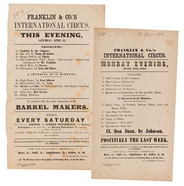 Franklin & Co.’s International Circus. South African Circus Playbills.