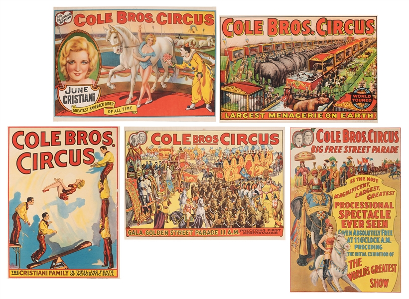Cole Bros. Circus. Group of 5 Circus Posters.