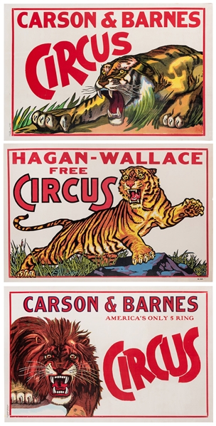 Trio of Circus Posters Featuring Lions and Tigers. Circa 1960s.