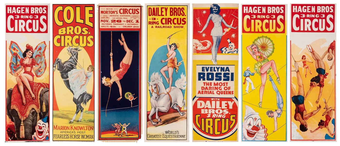 Group of 7 Circus Panel Posters. Equestrians and Aerialists.