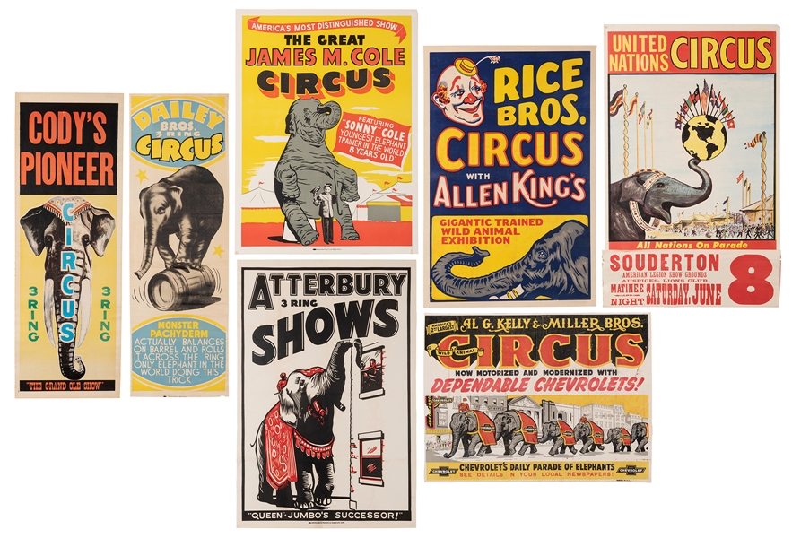 Group of 7 Circus Posters featuring Elephants.