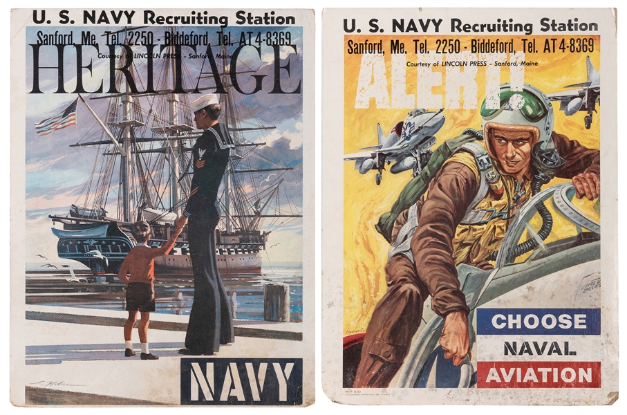 Pair of Navy Recruitment Window Cards. 1950s.