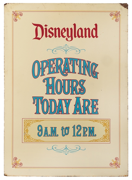 Original silk-screened heavy metal Disneyland Operating Hours park sign