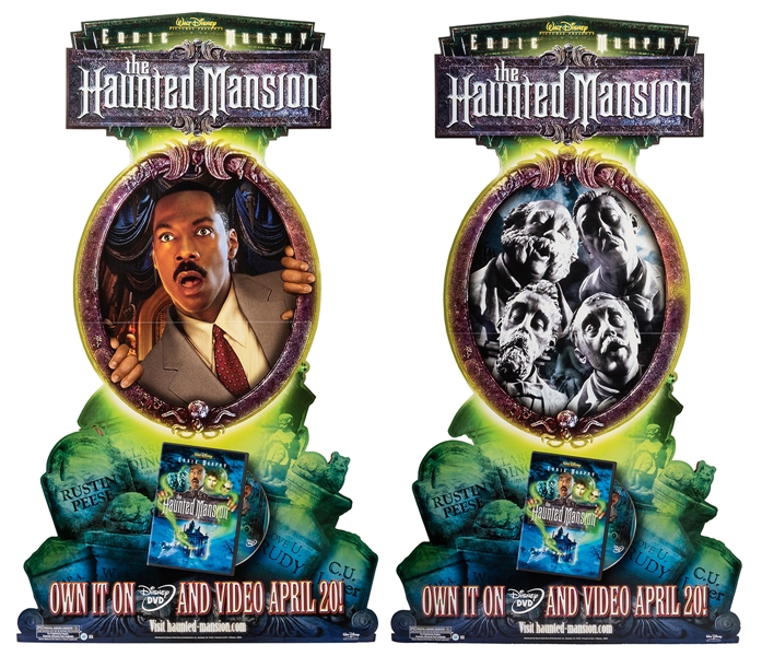 Two cardboard standees for Haunted Mansion film video release.