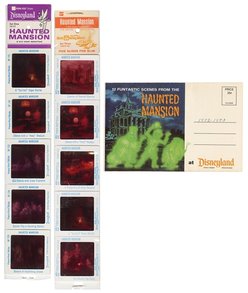 Lot of 3 Haunted Mansion Slides and Postcard Folder.