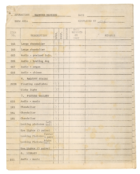 Walt Disney World Haunted Mansion 9-22-1976 Inventory/Work List